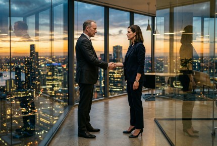A futuristic laboratory with advanced humanoid robots being activated, engineers observing holographic interfaces, abandoned video production equipment in the background covered in dust, contrast between old media tools and advanced robotics, bright white and blue lighting, highly detailed, photorealistic, depth of field, no text